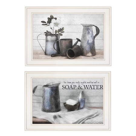 Homeroots Set Of Two Soap or Floral 1 White Framed Print Bathroom Wall Art, 2PK 405980
