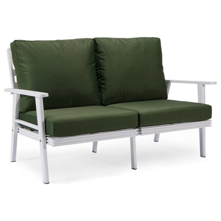 Leisuremod Walbrooke Modern Outdoor Patio Loveseat with White Aluminum Frame and Removable Cushions, Green WW-57-27G