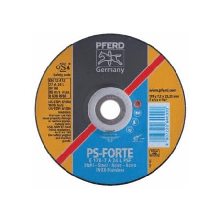 Pferd Depressed Center Wheel, 7 in Dia, 1/4 in Thick, 5/8 Arbor, 24 Grit, Grade L, 10PK 419-61006