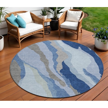 Homeroots 8' Blue Gray And Ivory Round Abstract Washable Indoor Outdoor Area Rug 600956