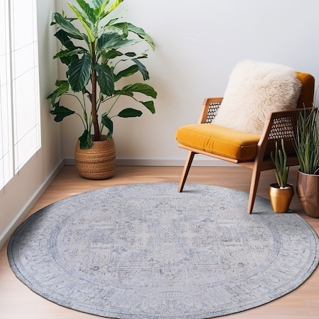 World Rug Gallery Vintage Inspired Distressed Machine Washable Area Rug 8 ft Round Blue 6031BLUE8RND