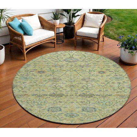 Homeroots 8' Mint Green Brown And Gray Round Floral Washable Indoor Outdoor Area Rug 603475