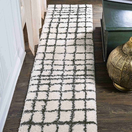 Jonathan Y Arenal Geometric Grid Shag White/Gray 2 ft. x 10 ft. Runner Rug MOH409A-210