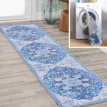 Jonathan Y Maris Ornate Medallion Machine-Washable Blue/Navy 2 ft. x 8 ft. Runner Rug WSH109B-28
