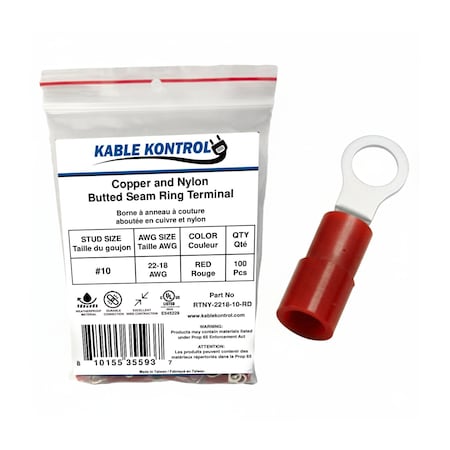 Kable Kontrol Copper and Nylon Butted Seam Ring Terminal, 22-18 AWG, Stud Size # 10, Red, 100 Pcs, 100PK RTNY-2218-10-RD