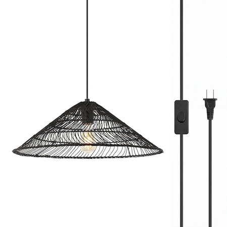 Jonathan Y Connie 20.25" 1-Light Farmhouse Coastal Rattan 180" Cord Plug-In or Hardwired LED Pendant, Black JYL1407B