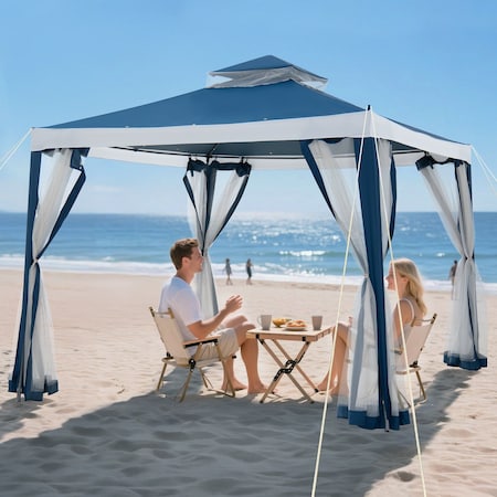 Sunjoy 10 ft x 10 ft Patio Gazebo, Modern Steel Frame Soft Top Gazebo with Netting - Navy Blue & White A101003602