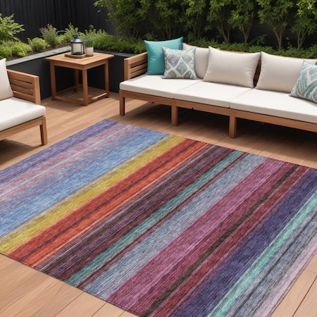 Homeroots 9' X 12' Lavender Blush And Blue Striped Washable Indoor Outdoor Area Rug 614813
