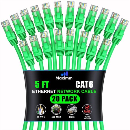 Maximm Cat6 Ethernet Cable 5ft 10Gbps 550MHz UTP, 20PK, Green, 20PK CAT6CCA-5GN-20PK
