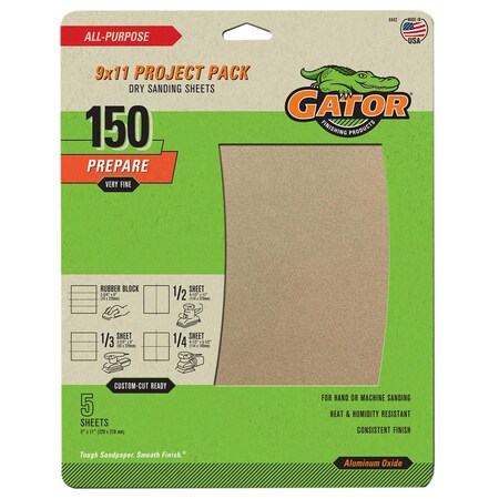 Gator Finishing 9 x 11 Project Pack Dry Sanding Sheets, 150 Grit, Very Fine, 5PK 4442
