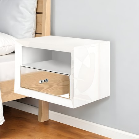 Homeroots 13" White Wood And Mirrored Glass One Drawer Floating Nightstand 569256