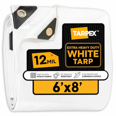 Tarpex Extra Heavy Duty Tarp, 6 ft x 8 ft, 12 Mil, White, Polyethylene WHD-TA-68