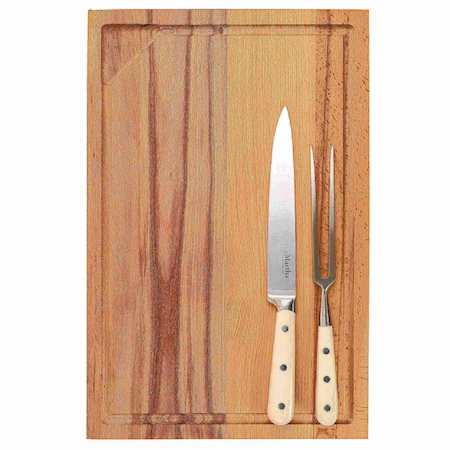 Martha Stewart Goswell 3 Piece Carving Board and Cutlery Set in Cream 130032.03