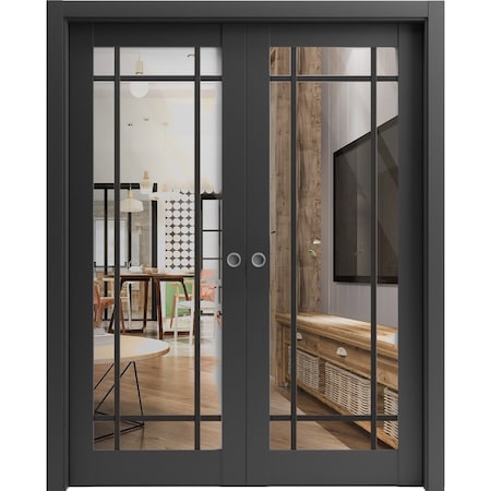 Sartodoors Sliding Double Pocket Door Clear Glass, Lucia 2266 Matte Black and Aluminum Strips, Kit Trims Rail LUCIA2266DP-BLK-48 x 84 (2* 24x84)
