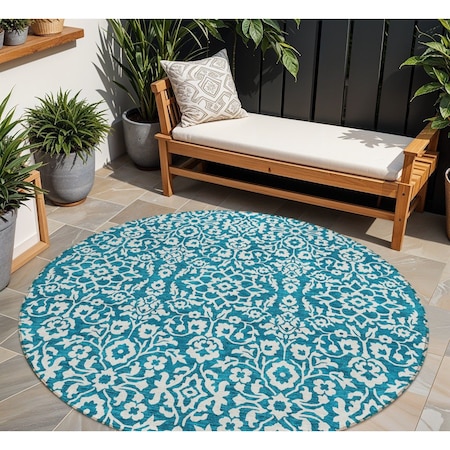 Homeroots 8' Teal Blue And Ivory Round Damask Washable Indoor Outdoor Area Rug 595195