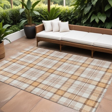 Homeroots 10' X 14' Peach And Beige Plaid Washable Indoor Outdoor Area Rug 601349