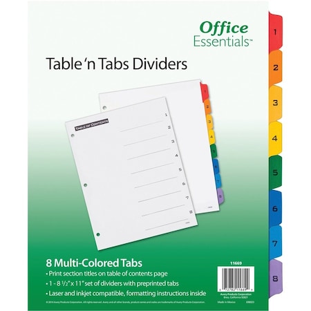 Avery Dennison Office Ess, TABLE 'N TABS DIVIDERS, 8-TAB, 1 TO 8, 11 X 8.5, WHITE 11669