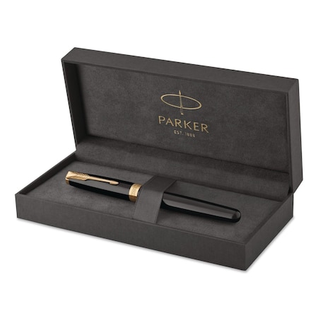 Parker Sonnet Fountain Pen with Gift Box, Medium Fountain Nib, Black Ink, Black/Gold Barrel 1931495