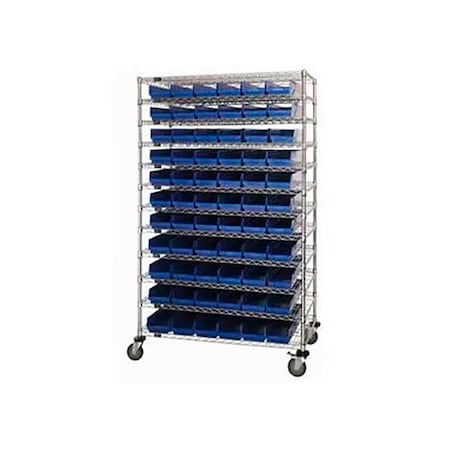 Global Industrial Chrome Wire Shelving with 118 4"H Plastic Shelf Bins Blue, 60x24x74 269047BL