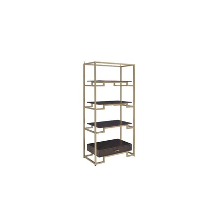 Homeroots 78" Gold and Black Metal Four Tier Etagere Bookcase with a Drawer 486306