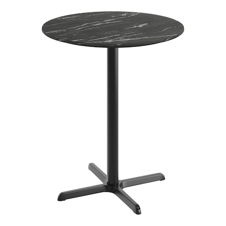 Flash Furniture Commercial 36" Black Faux Marble HPL Tabletop - Black Bar Height X Base ST-RD36-BKMAR-T3030B-GG