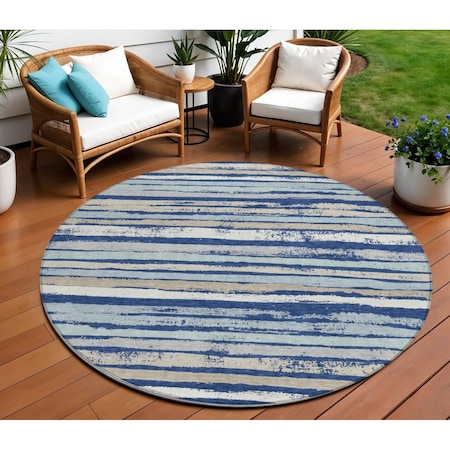 8' Navy Blue Beige And Ivory Round Striped Washable Indoor Outdoor Area Rug