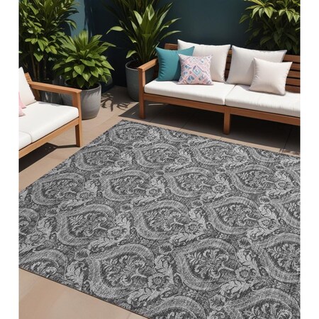 Homeroots 9' X 12' Gray Damask Washable Non Skid Indoor Outdoor Area Rug 563878
