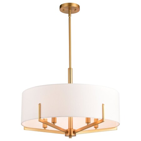 Vaxcel Surrey 5 Light Natural Brass Mid-Century Modern Chandelier White Fabric Drum Shade H0273