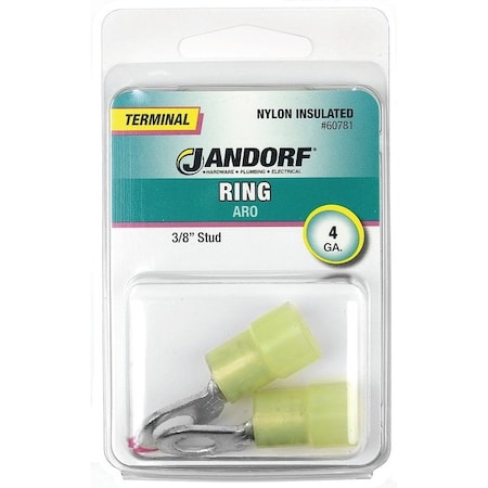 Jandorf Ring Terminal, 4 AWG Wire, 3/8 in Stud, Nylon Insulation, Copper Contact, Yellow 60781