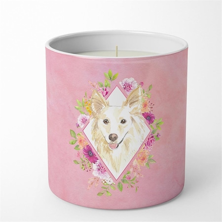 Carolines Treasures 10 oz White Collie Pink Flowers Decorative Soy Candle CK4201CDL