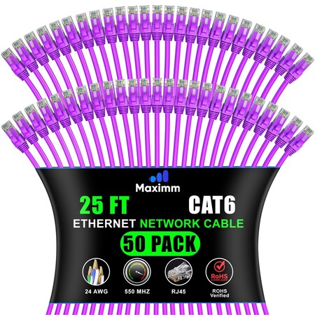 Maximm Cat6 Ethernet Cable 25ft 10Gbps 550MHz UTP, 50PK, Purple, 50PK CAT6CCA-25PU-50PK