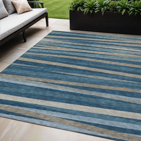 Homeroots 5' X 8' Denim Blue And Gray Striped Washable Indoor Outdoor Area Rug 597320