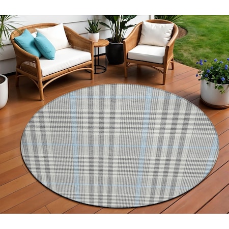 Homeroots 8' Gray Blue And Beige Round Plaid Washable Indoor Outdoor Area Rug 601484