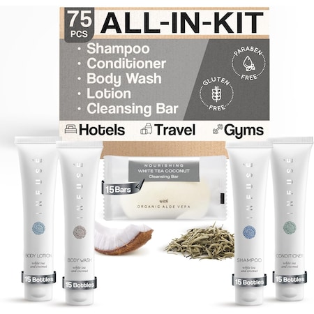 1Shopee Infuse Pure White Tea and Coconut All-In-Kit Hotel Soaps and Toiletries Bulk Set BPCHOTELSETAL09INF15T