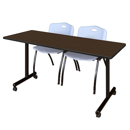 Regency Kobe Mobile T-Base Training Table W/ 2 M Stack Chairs, 60 in W, 24 in L, Neo Walnut MKTRCC6024NW47GY