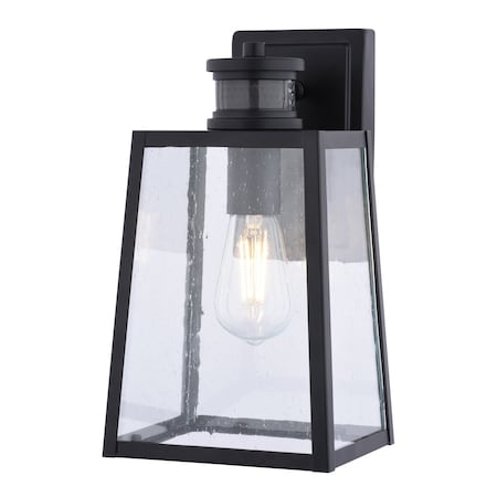 Vaxcel Sutton, 12.25 in H, Black Outdoor Wall Light, Motion Sensor, Dusk to Dawn, Seeded Glass T0812