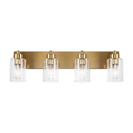 Jonathan Y Irving 27.75" 4-Light Seeded Glass/Iron Modern Contemporary LED Vanity Light, Brass Gold JYL7558D