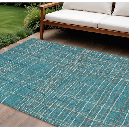 Homeroots 8' X 10' Teal Blue Gray And Brown Striped Washable Indoor Outdoor Area Rug 597436
