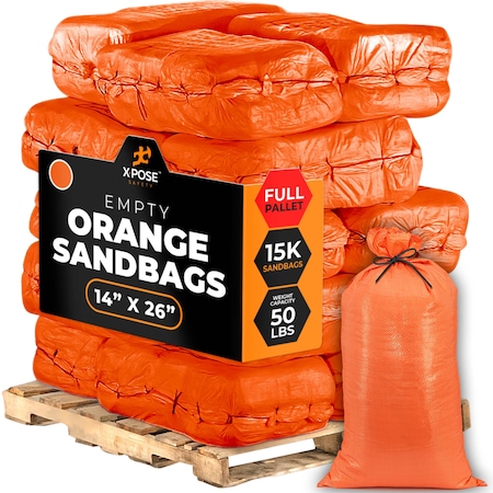 Xpose Safety Woven Polypropylene Sand Bags for Gravel - 14in x 26in 50 lb Limit, Orange, Pallet of 15,000 SBO-1426-FP15000-X