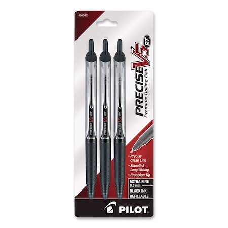 Pilot Precise V5RT Roller Ball Pen, Retractable, Extra-Fine 0.5 mm, Black Ink, Black/Silver Barrel, 3PK 26052