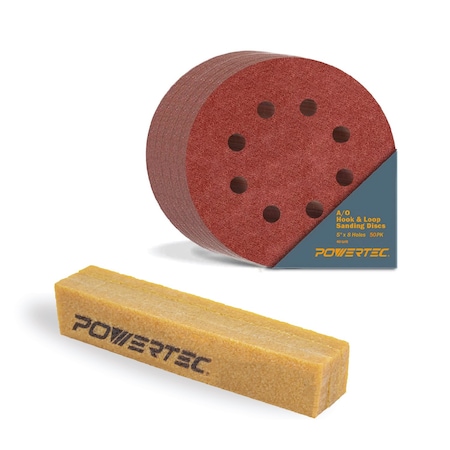 Powertec 5in 8 Hole Hook & Loop Sanding Discs, Aluminum Oxide, 40 Grit, 50PK with Abrasive Cleaning Stick 45057N