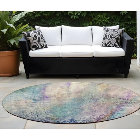 Homeroots 8' Round Beige Blue and Gray Round Abstract Washable Non Skid Indoor Outdoor Area Rug 559564