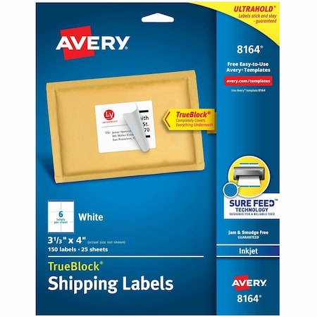Avery Shipping Labels with TrueBlock Technology, 3-1/3 x 4, White, Ink Jet, 150/Pack 8164