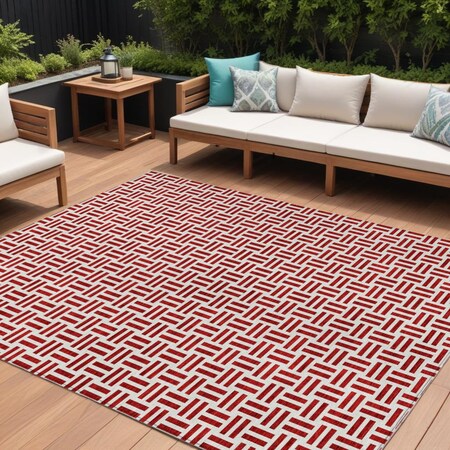 Homeroots 8' X 10' Red And Ivory Geometric Washable Indoor Outdoor Area Rug 614776