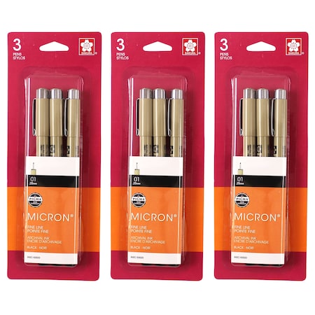 Sakura Pigma Micron Pens, Size 01 Fine Point, Black, 3PK 50020