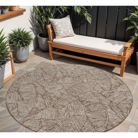 Homeroots 8' Brown And Beige Round Floral Washable Indoor Outdoor Area Rug 594613