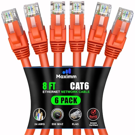 Maximm Cat6 Ethernet Cable 8ft 10Gbps 550MHz UTP, 6PK, Orange, 6PK CAT6CCA-8OR-6PK