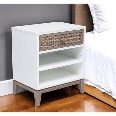 Homeroots 28" Natural And White Solid Wood Wicker and Wood One Drawer Nightstand With USB Port 571344