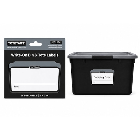 Totetags Storage Bin Labels, Write-On Tote Labels for Garage Organization, Grey, 2PK, 5 in x3 in, 2PK TOTETAGS-2X-GRY