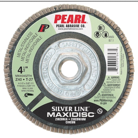 Pearl Silver Line ZC Maxidisc Flap Disc 4-1/2 x 5/8-11 Z40 T-27 MX454ZTH